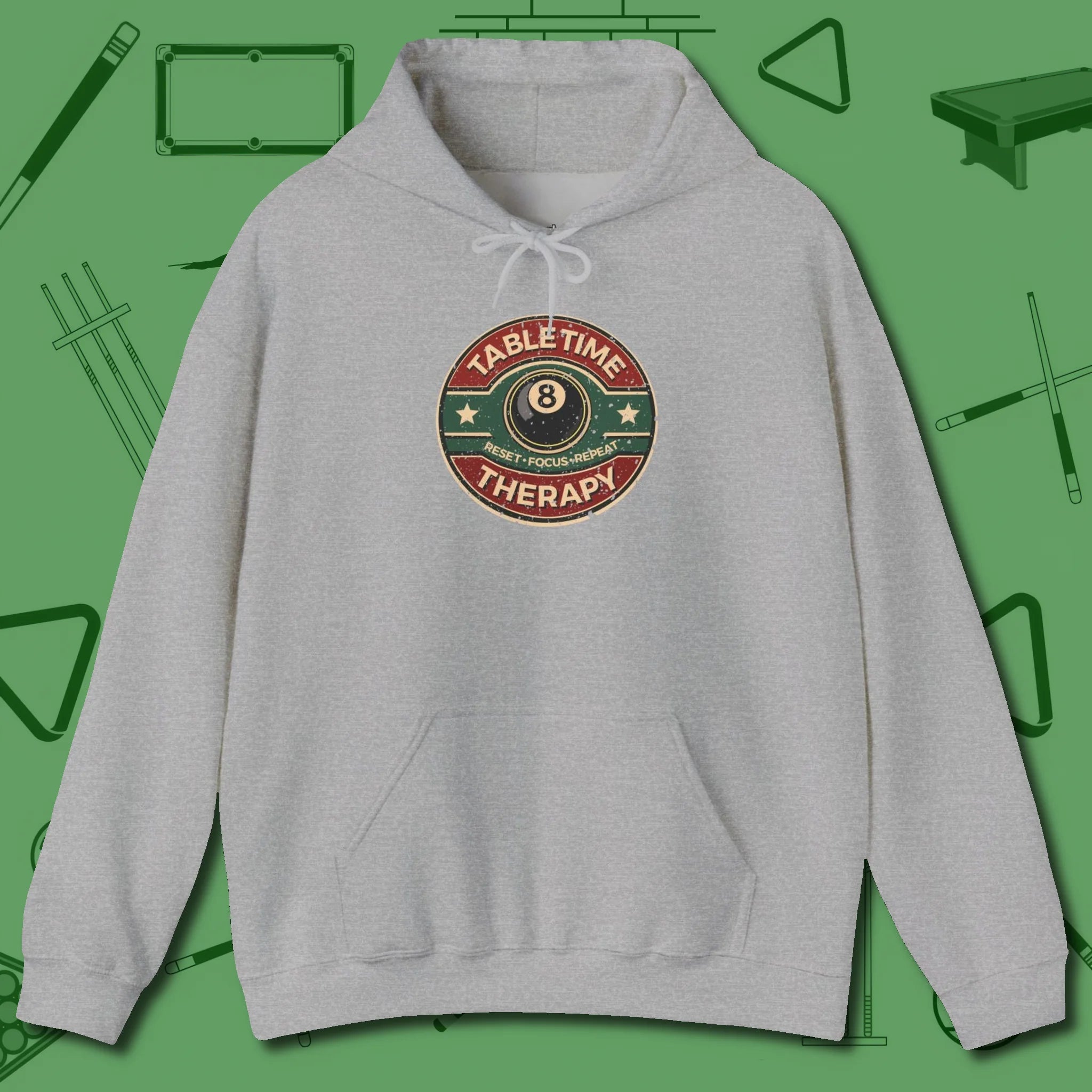 Table Time Therapy Hoodie, front view, in Sport Grey stitched for cue discipline and cool confidence