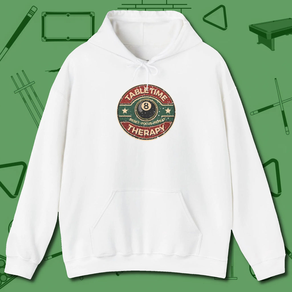 Table Time Therapy Hoodie, front view, in White the shirt that plays position