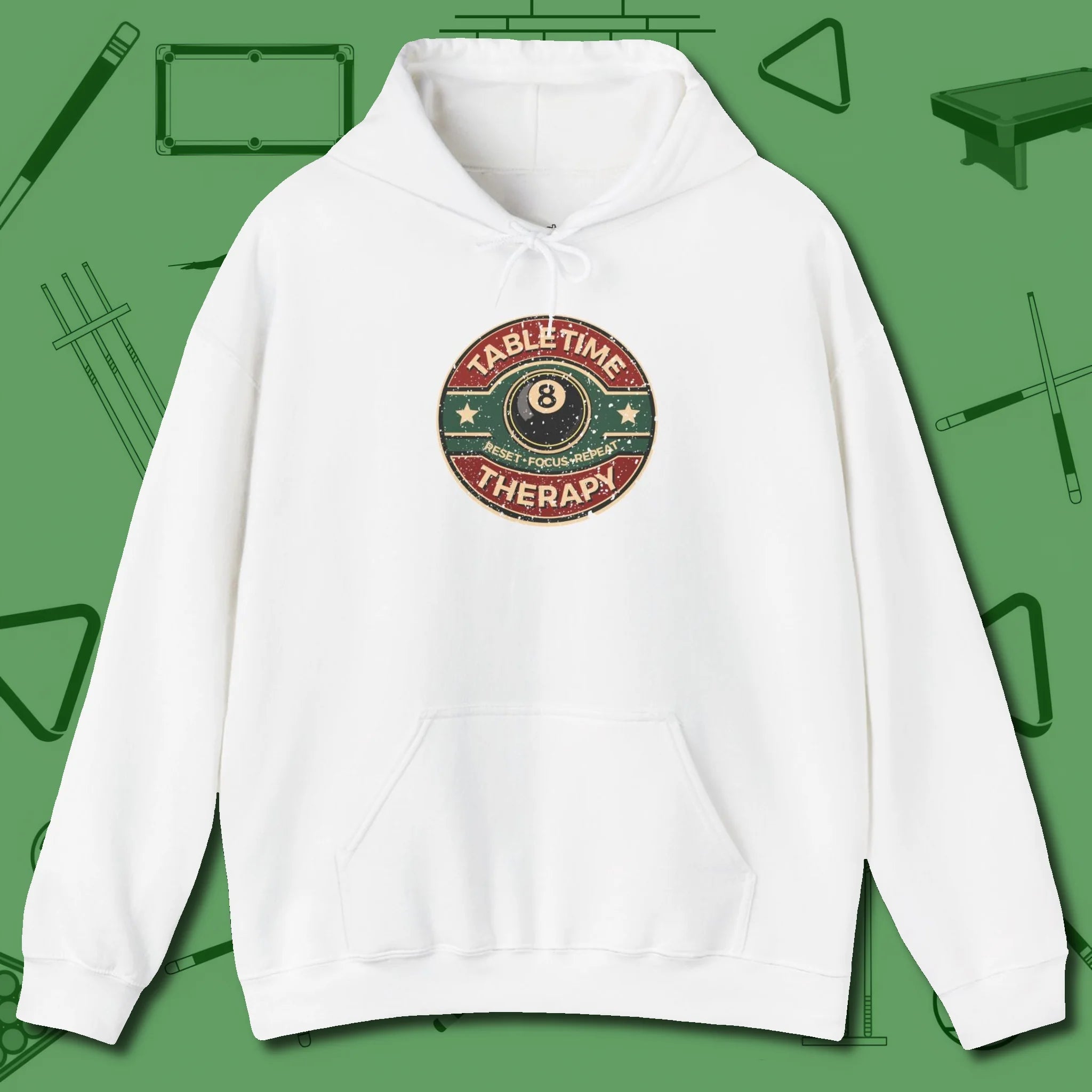Table Time Therapy Hoodie, front view, in White the shirt that plays position