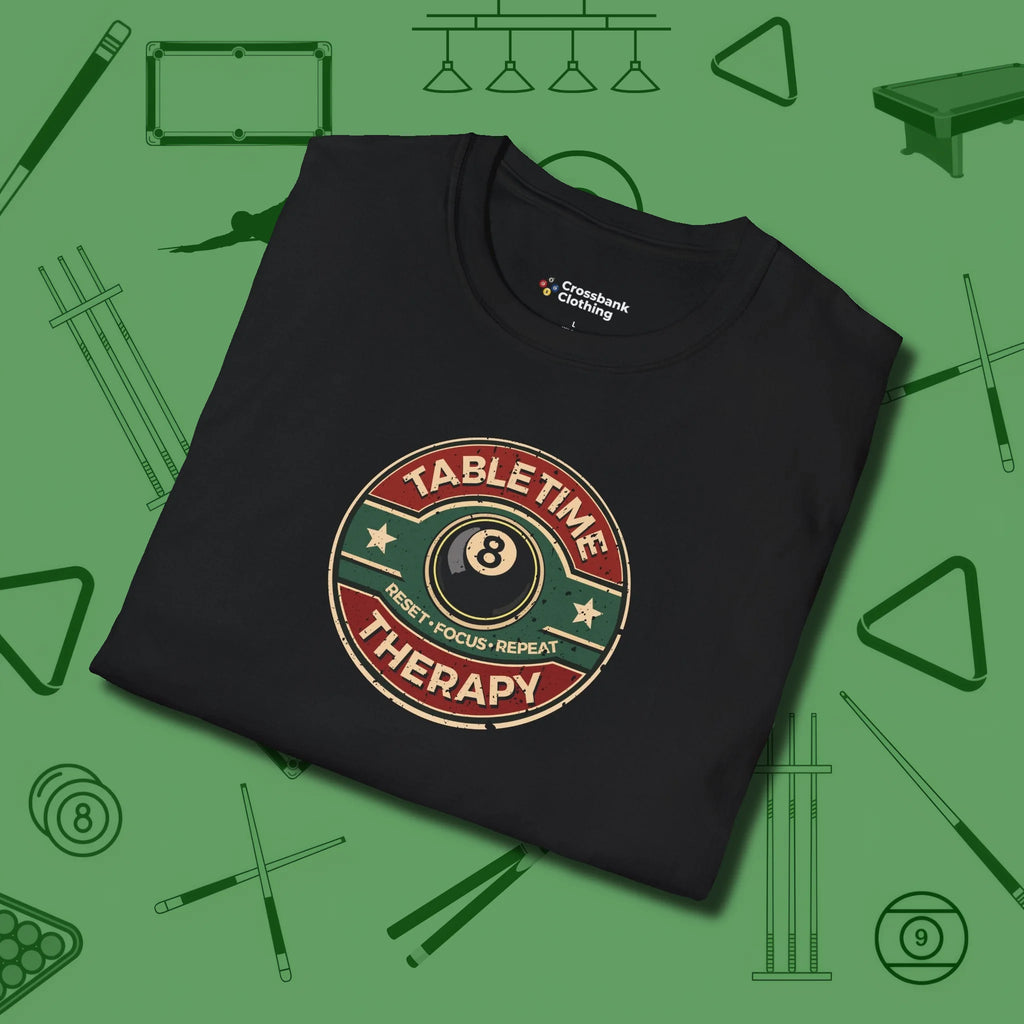 Table Time Therapy T-Shirt, folded view, in Black what champions wear between racks