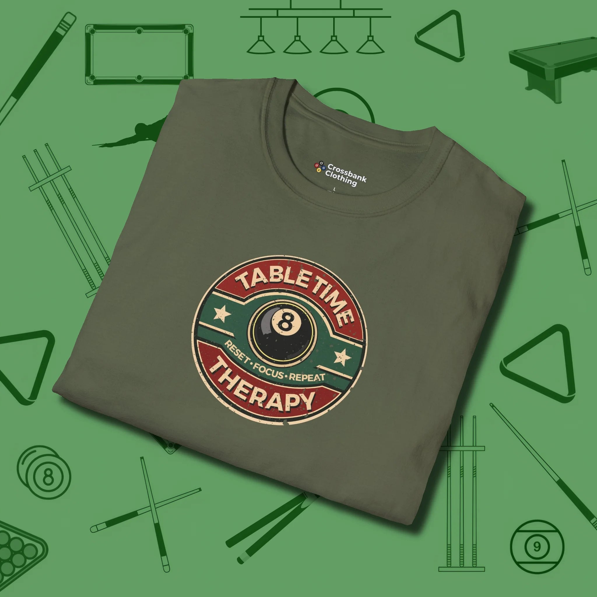 Table Time Therapy T-Shirt, folded view, in Military Green what champions wear between racks