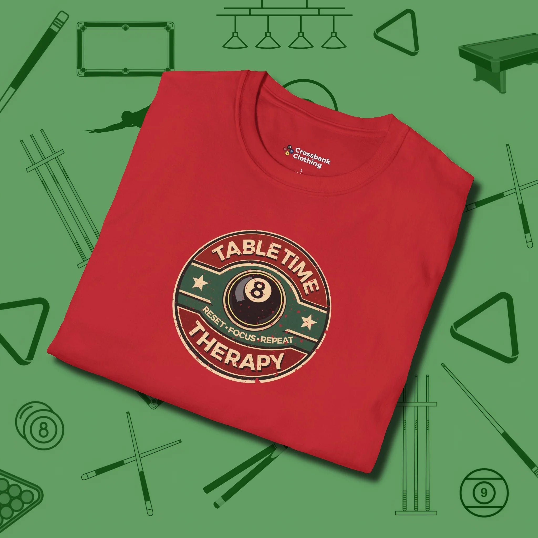 Table Time Therapy T-Shirt, folded view, in Red helps your stroke and your style