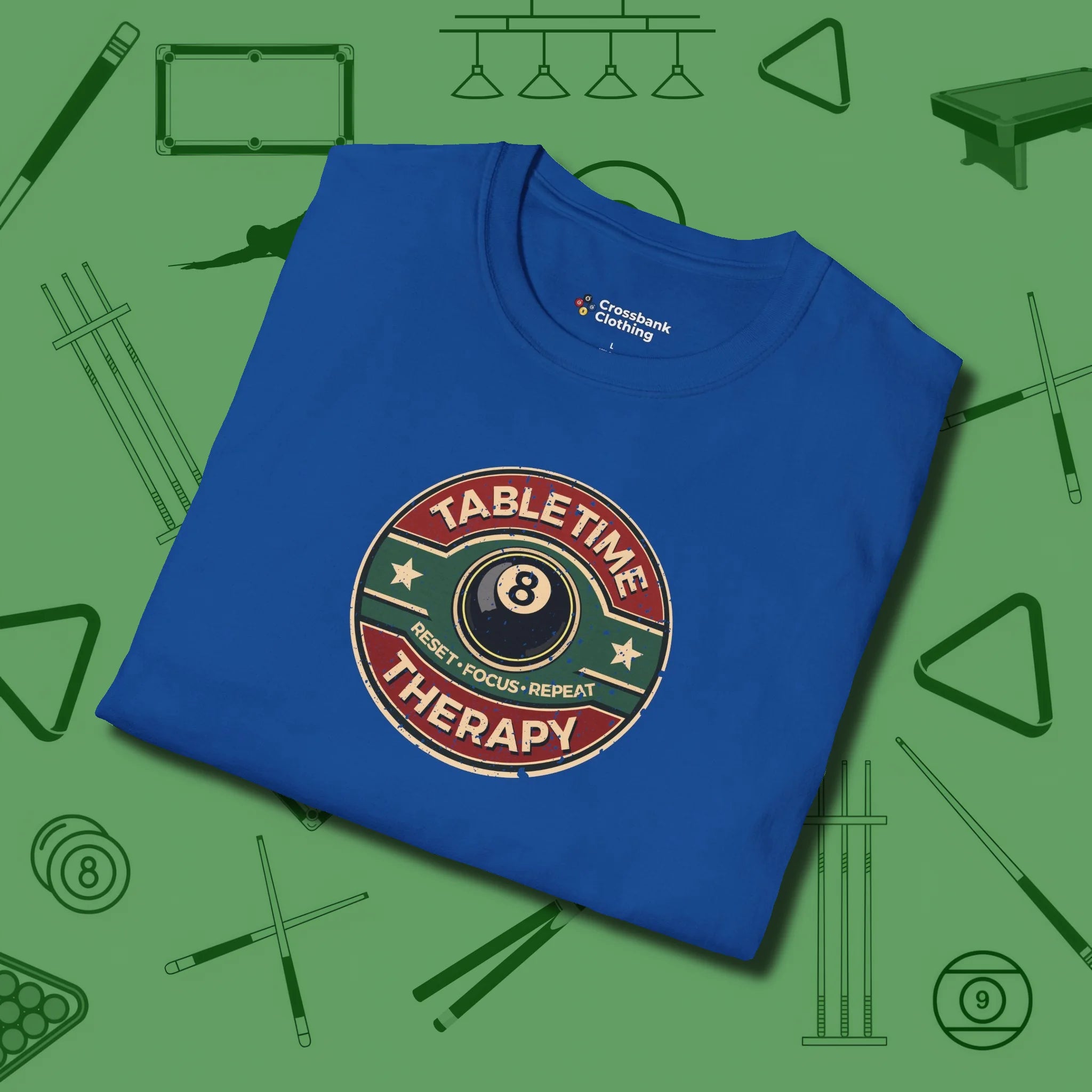 Table Time Therapy T-Shirt, folded view, in Royal for shooters who dress like they play: sharp