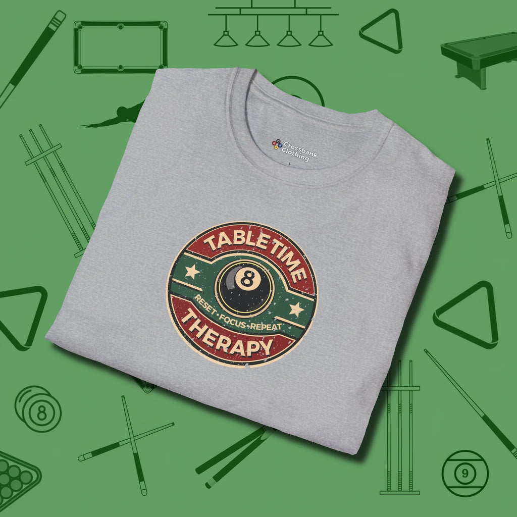 Table Time Therapy T-Shirt, folded view, in Sport Grey stitched for cue discipline and cool confidence