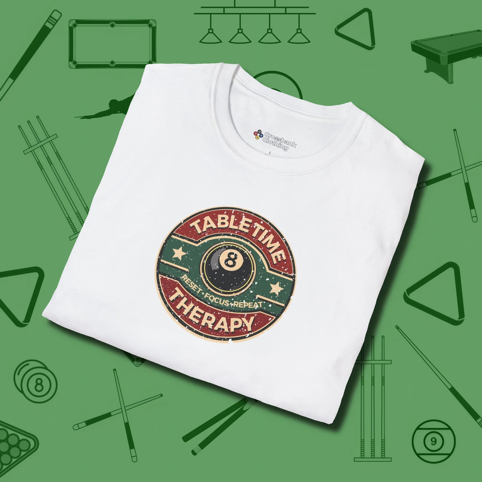 Table Time Therapy T-Shirt, folded view, in White table-tested, street-approved style