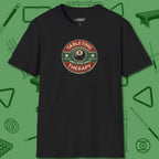 Table Time Therapy T-Shirt, front view, in Black style that banks as hard as you do