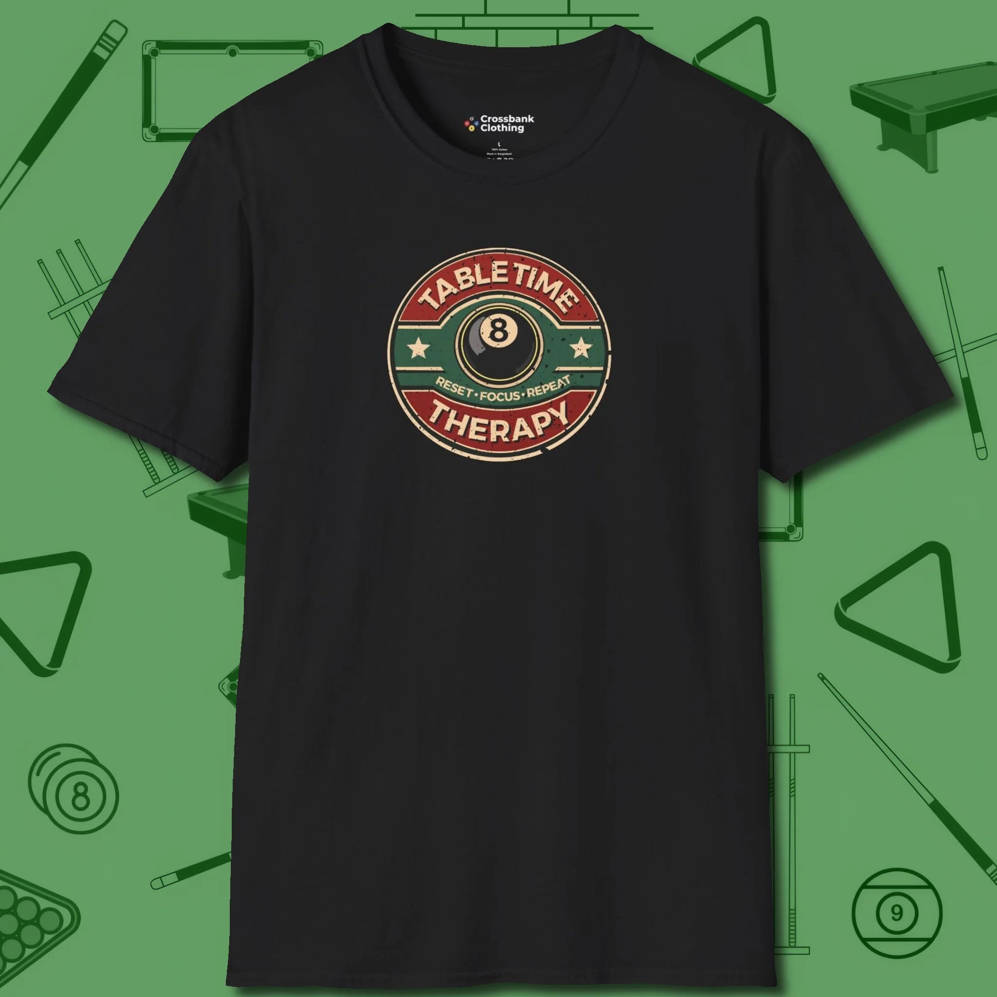 Table Time Therapy T-Shirt, front view, in Black style that banks as hard as you do