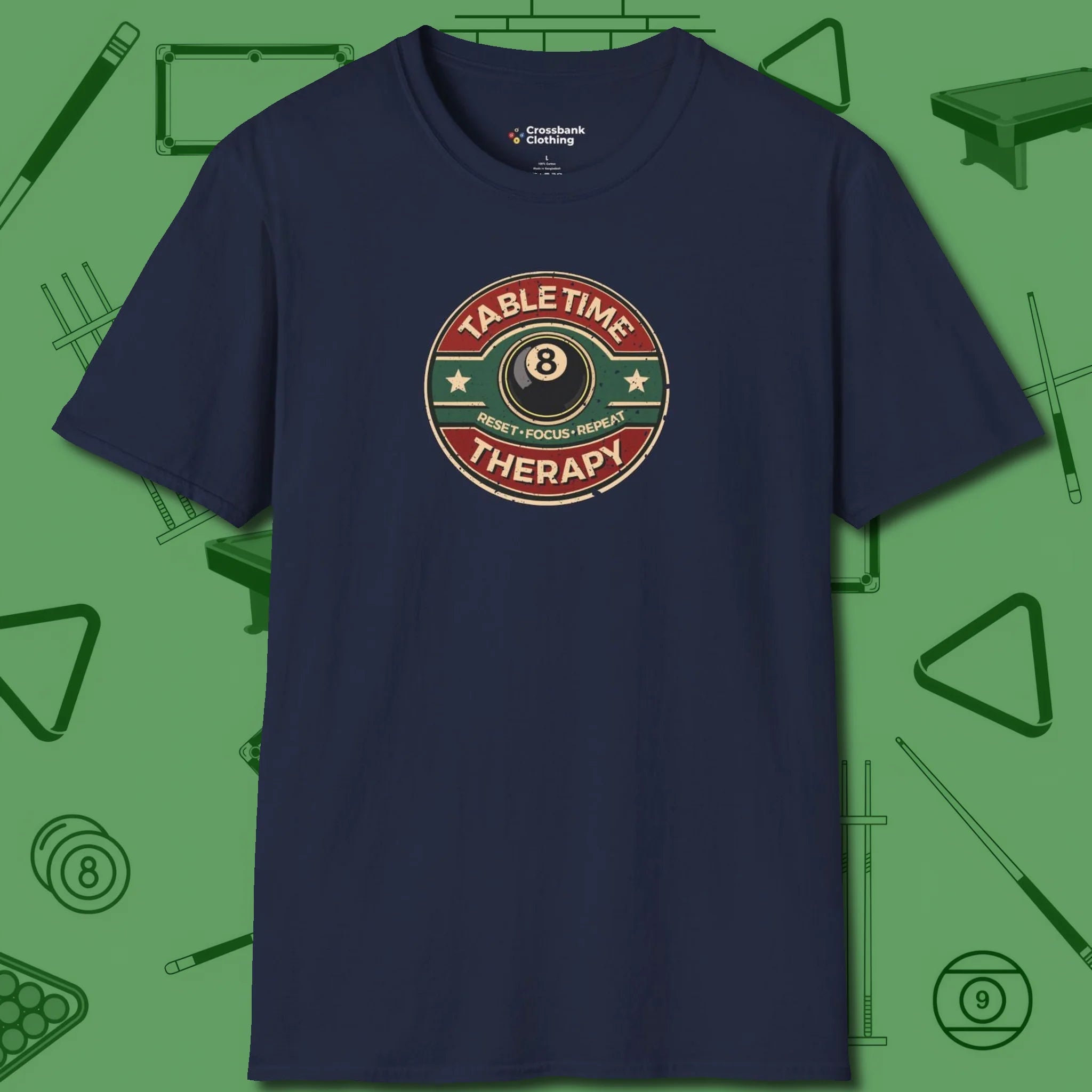 Table Time Therapy T-Shirt, front view, in Navy your secret weapon off the table