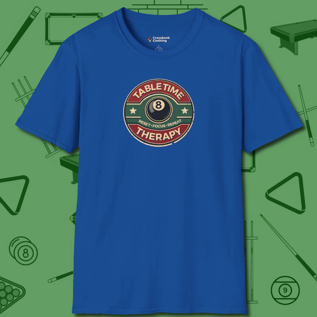 Table Time Therapy T-Shirt, front view, in Royal what the real shooters wear