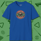 Table Time Therapy T-Shirt, front view, in Royal what the real shooters wear