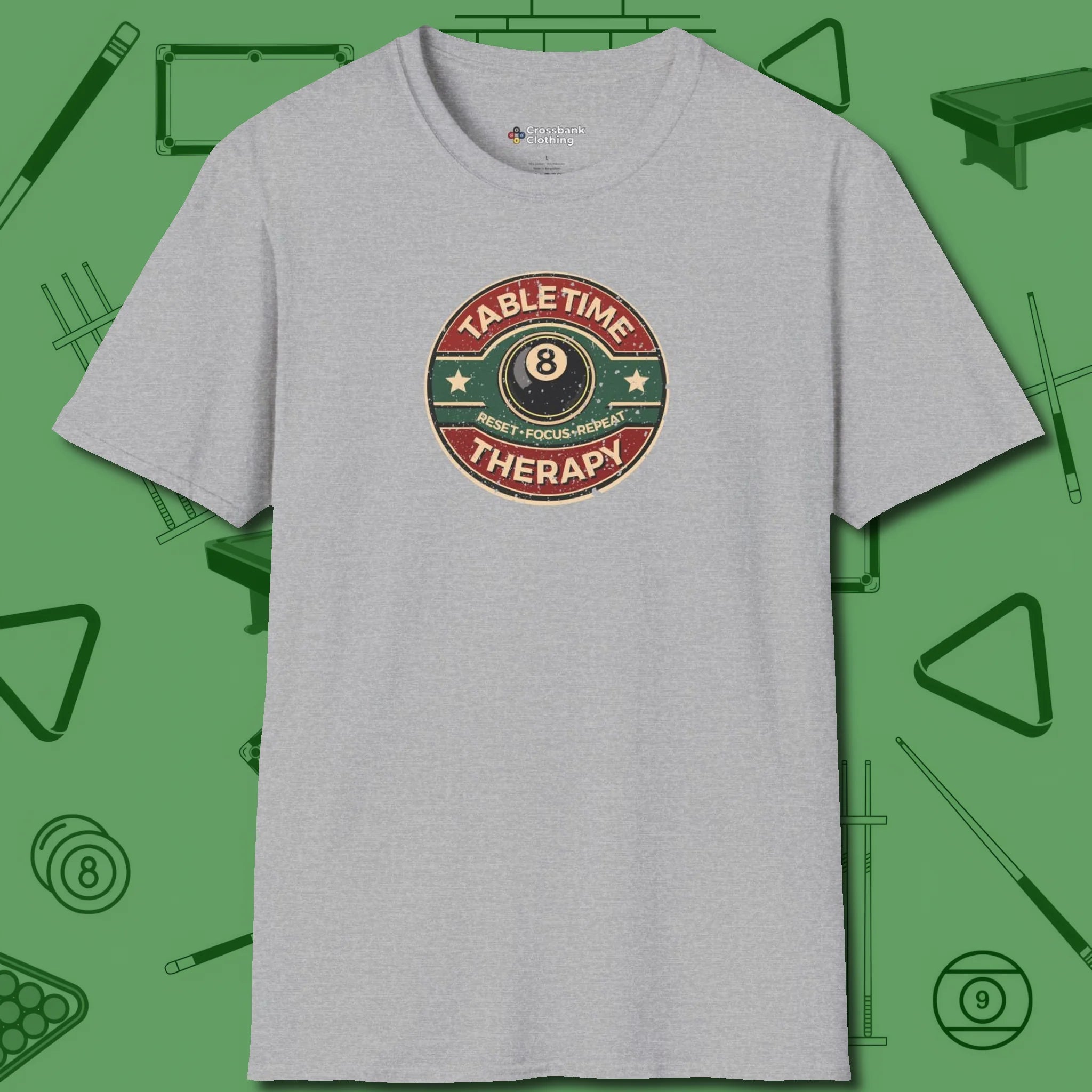 Table Time Therapy T-Shirt, front view, in Sport Grey the official uniform of the after-hours crew