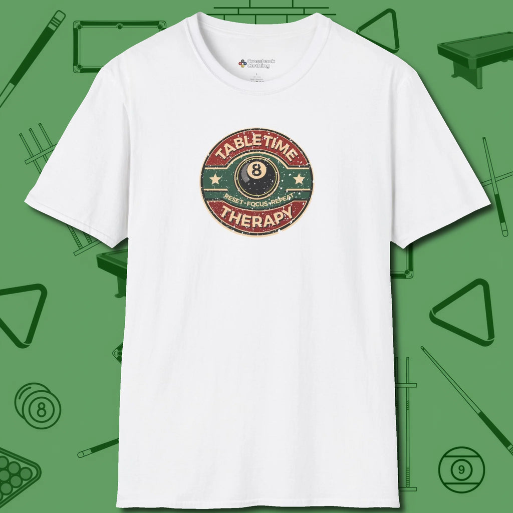 Table Time Therapy T-Shirt, front view, in White for shooters who dress like they play: sharp