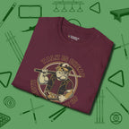 Talk is Cheap Billiards T-Shirt, folded view, in Maroon subtle drip for serious shooters