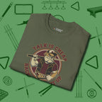 Talk is Cheap Billiards T-Shirt, folded view, in Military Green an extension of your pool persona