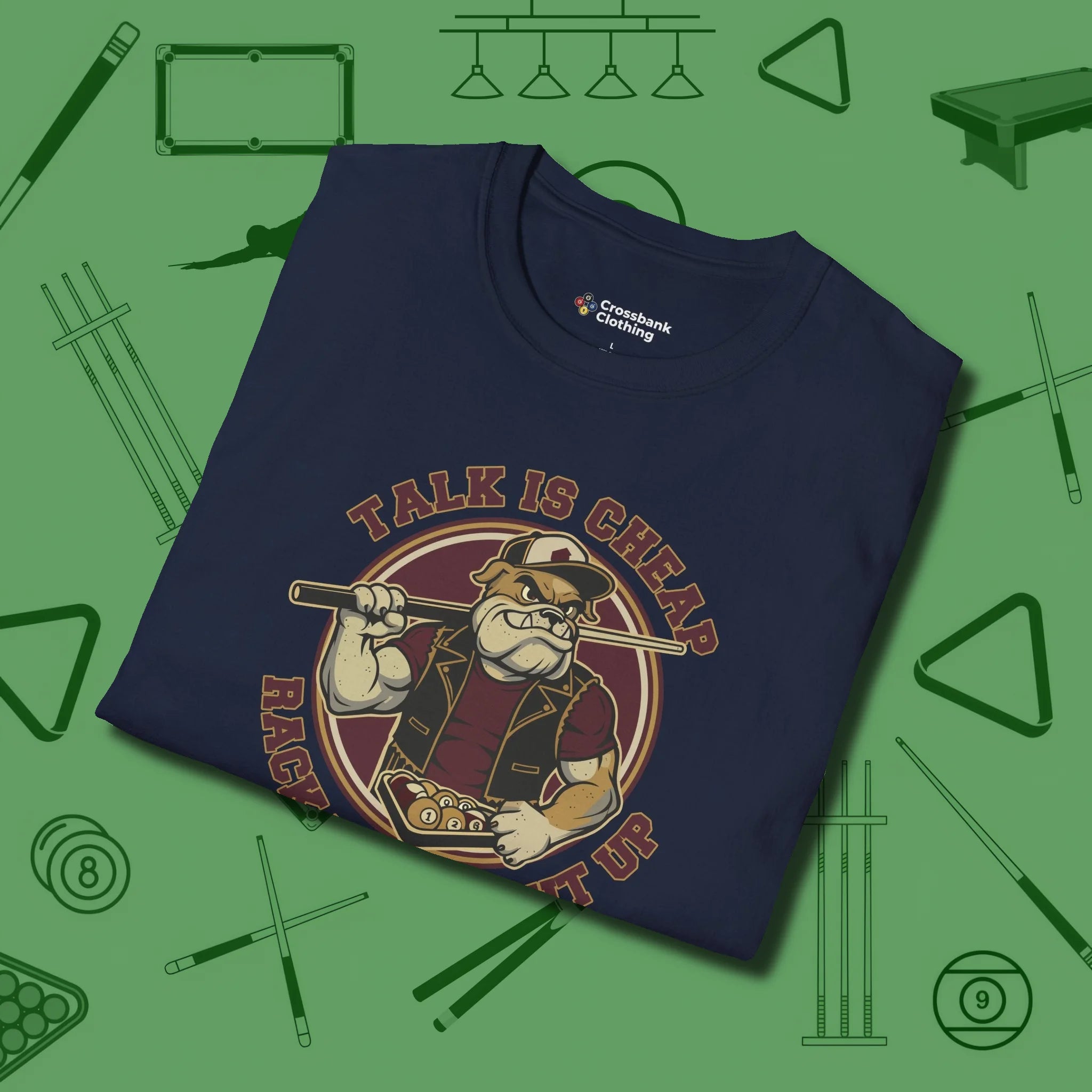 Talk is Cheap Billiards T-Shirt, folded view, in Navy confidence stitched in every seam