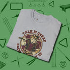 Talk is Cheap Billiards T-Shirt, folded view, in Sport Grey earns respect before the first shot
