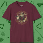 Talk is Cheap Billiards T-Shirt, front view, in Maroon strike fear with swagger and precision