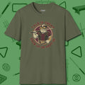Talk is Cheap Billiards T-Shirt, front view, in Military Green break, run out, turn heads — repeat