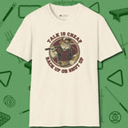 Talk is Cheap Billiards T-Shirt, front view, in Natural as serious as your stroke