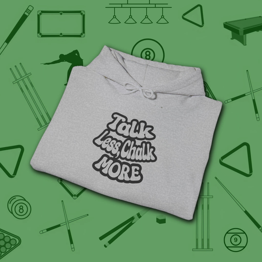 Talk Less Chalk More Hoodie, in Sport Grey color, billiards hoodie, folded view