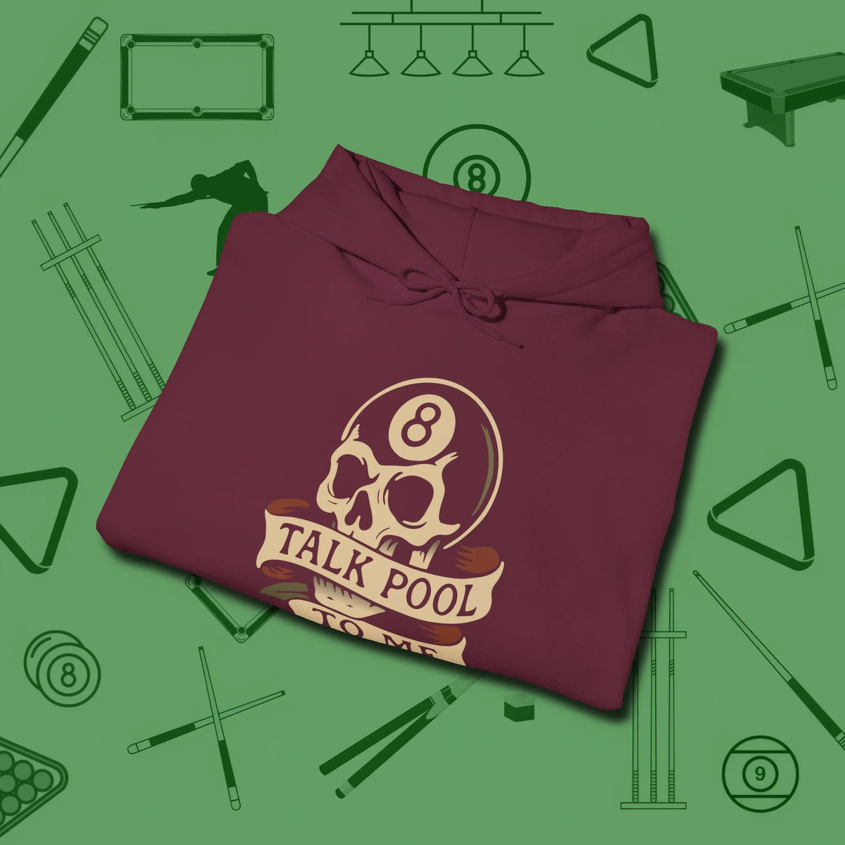 Talk To Me 8-Ball Skull Hoodie, folded view, in Maroon poolroom style with tournament attitude