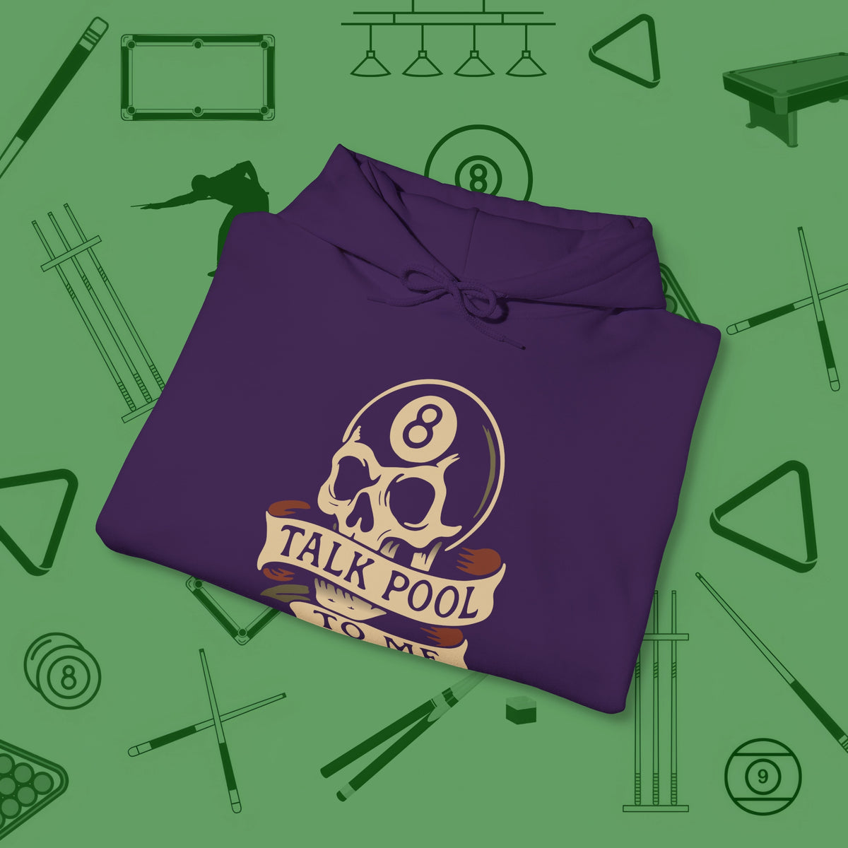 Talk To Me 8-Ball Skull Hoodie, folded view, in Purple what champions wear between racks