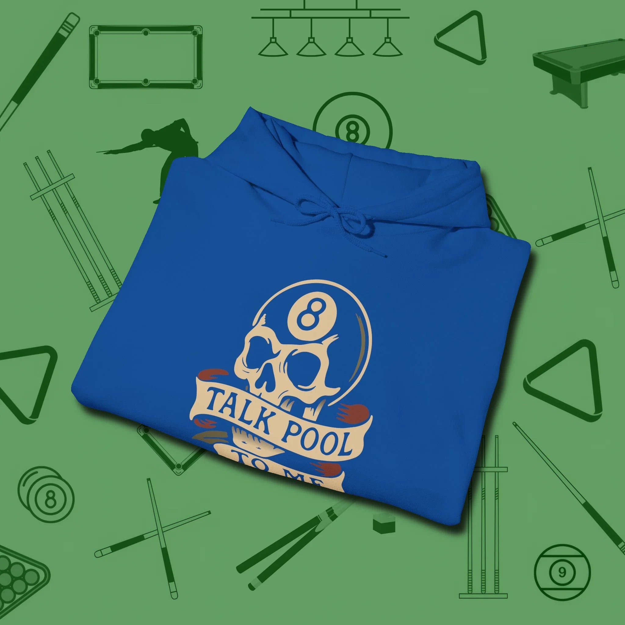 Talk To Me 8-Ball Skull Hoodie, folded view, in Royal smart enough for the felt and the street