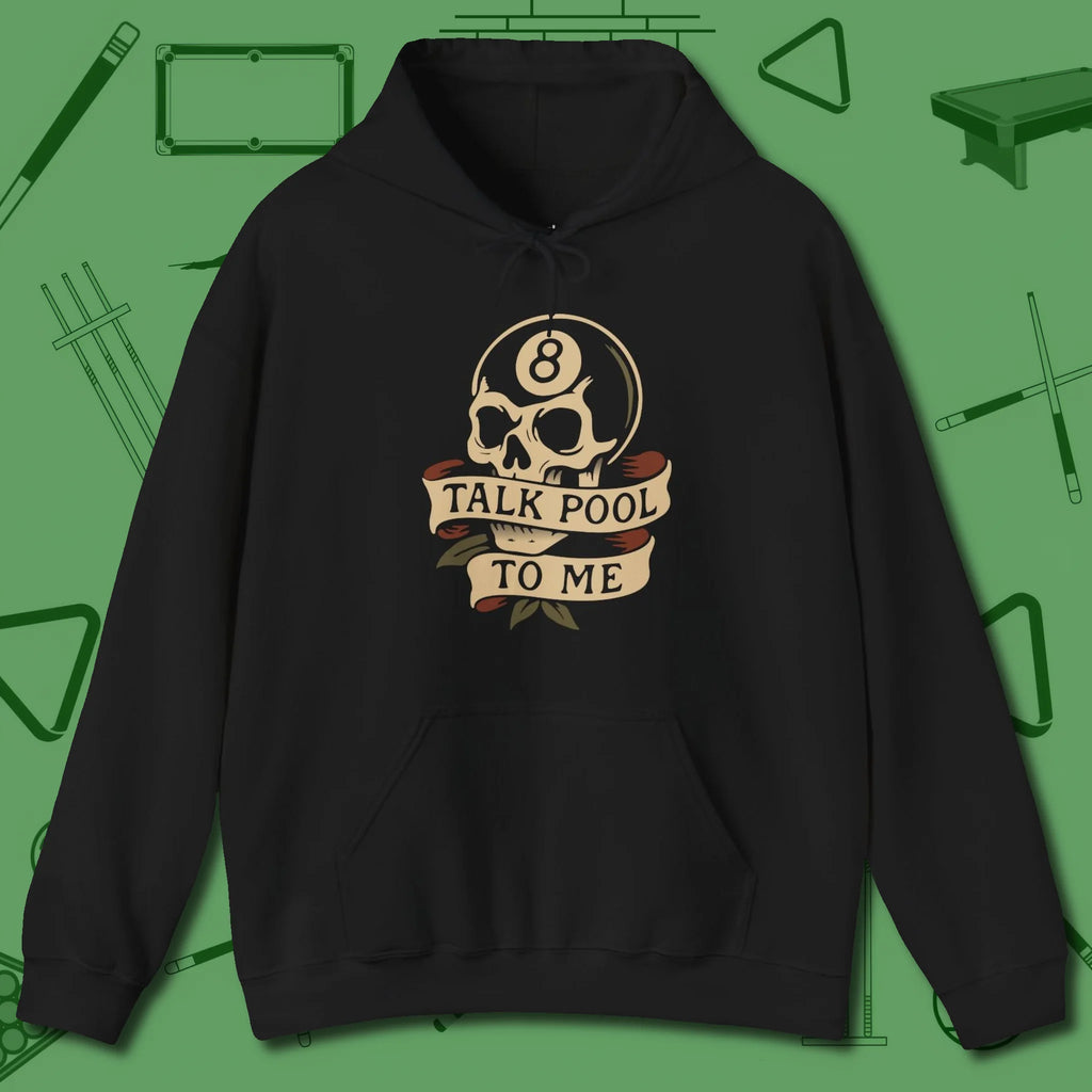 Talk To Me 8-Ball Skull Hoodie, front view, in Black for hustlers who keep it honest