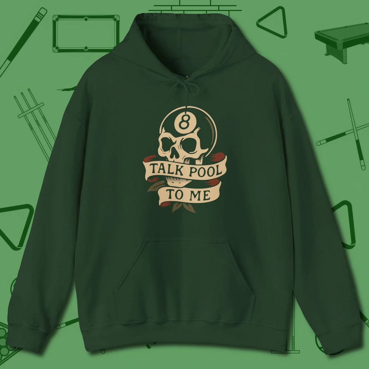 Talk To Me 8-Ball Skull Hoodie, front view, in Forest Green clean lines for dirty minds