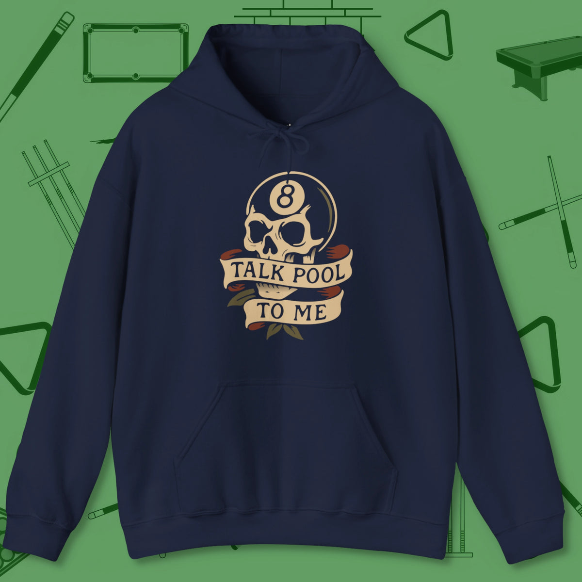 Talk To Me 8-Ball Skull Hoodie, front view, in Navy cue sports swagger done right