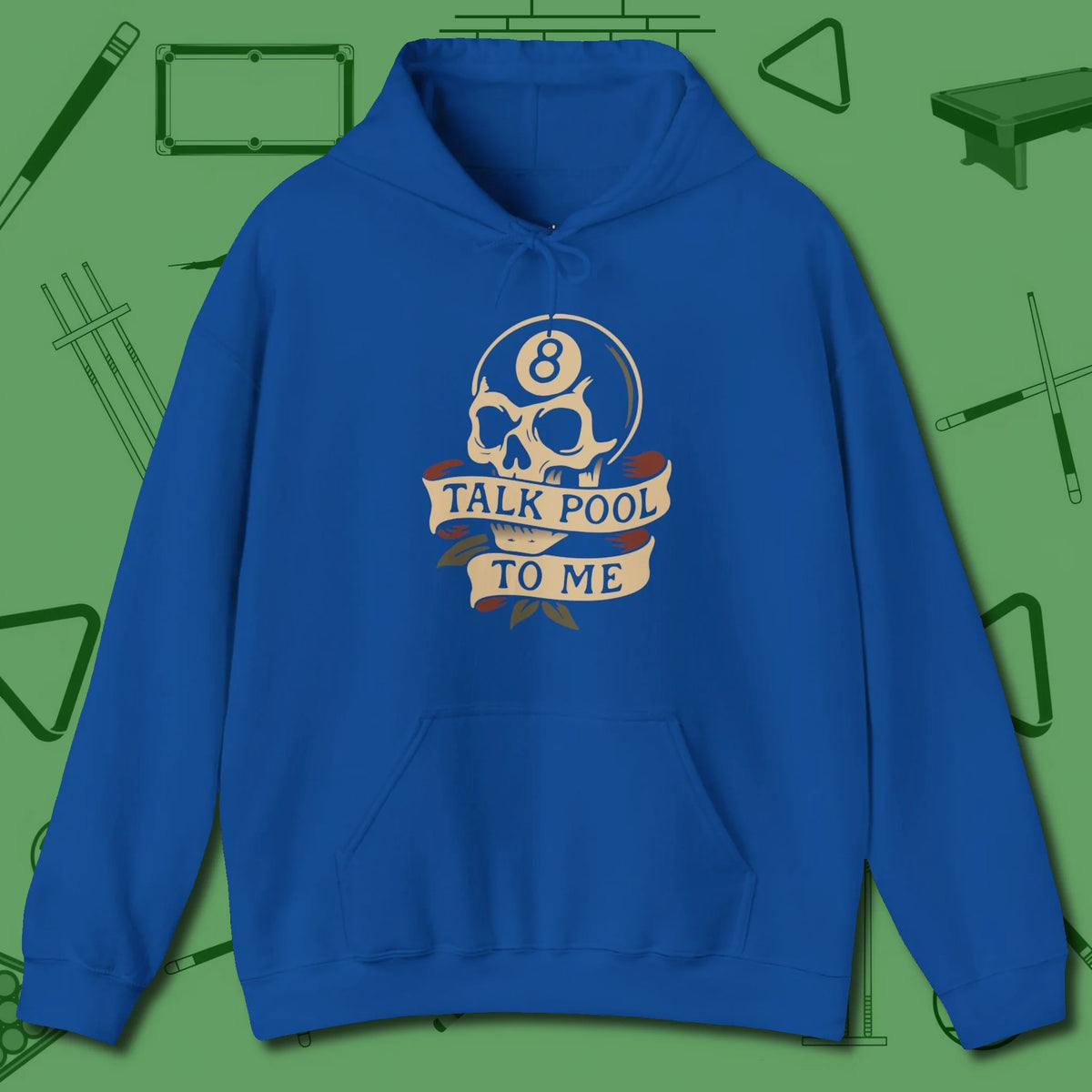 Talk To Me 8-Ball Skull Hoodie, front view, in Royal strike fear with swagger and precision