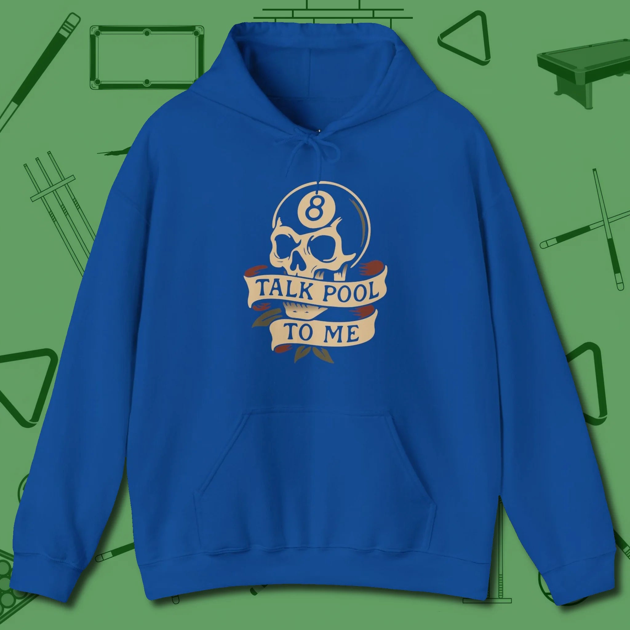 Talk To Me 8-Ball Skull Hoodie, front view, in Royal strike fear with swagger and precision
