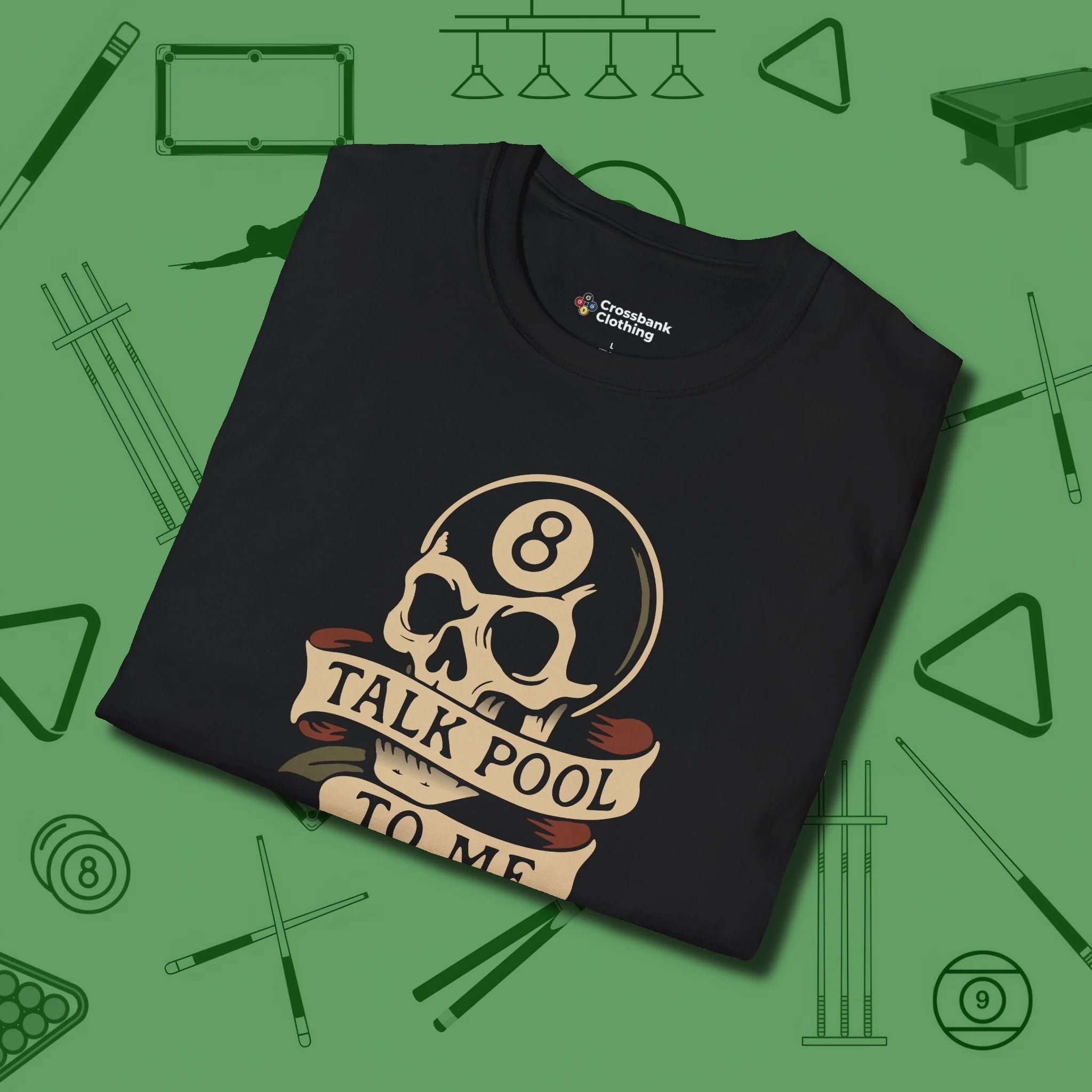 Talk To Me 8-Ball Skull T-Shirt, folded view, in Black precise, confident, always in control