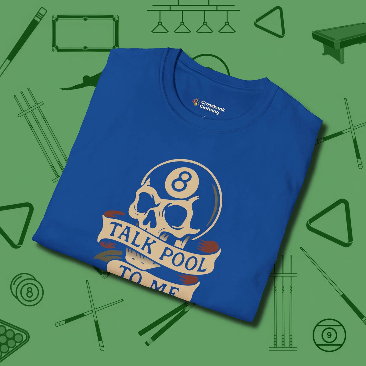 Talk To Me 8-Ball Skull T-Shirt, folded view, in Royal where style and cue discipline collide