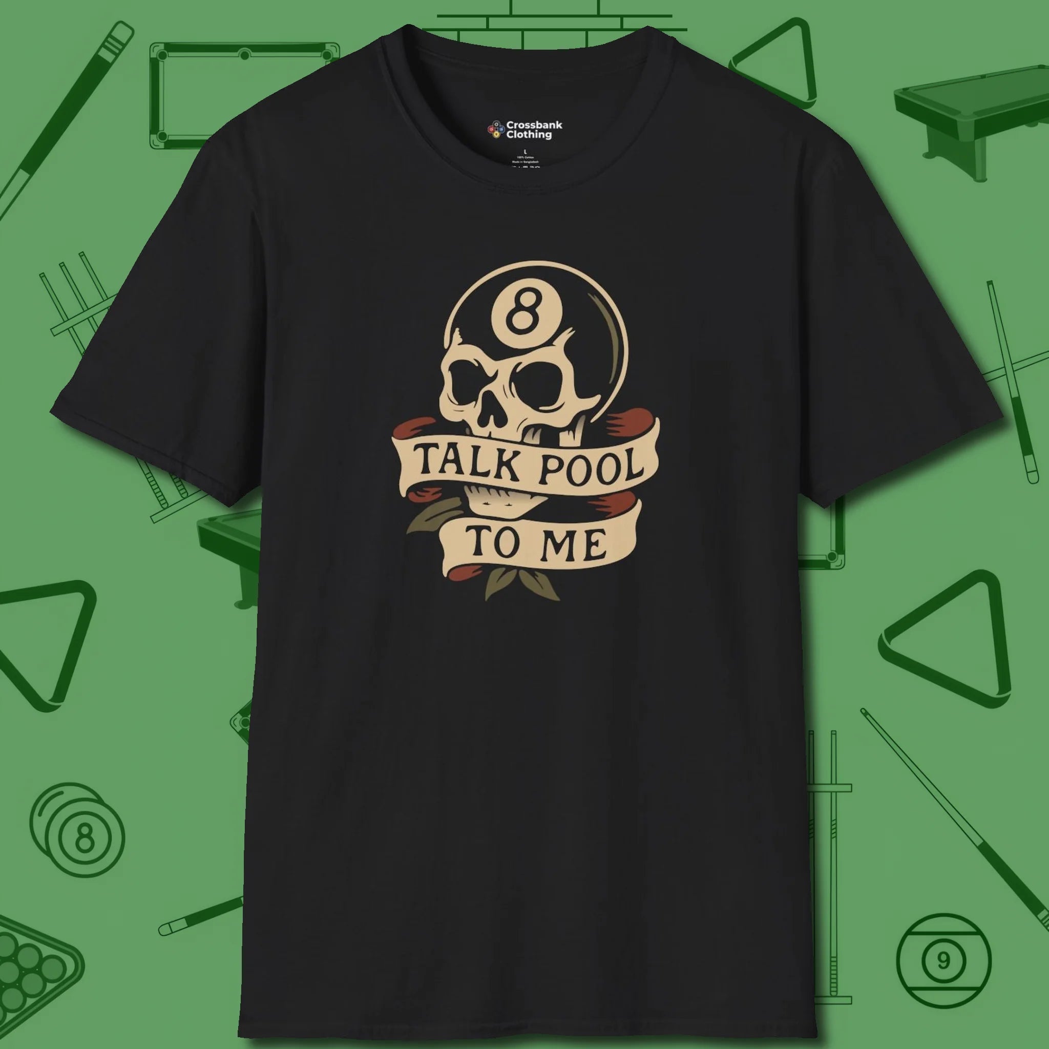 Talk To Me 8-Ball Skull T-Shirt, front view, in Black smart apparel for strategic players