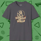 Talk To Me 8-Ball Skull T-Shirt, front view, in Charcoal tough like your favorite break cue