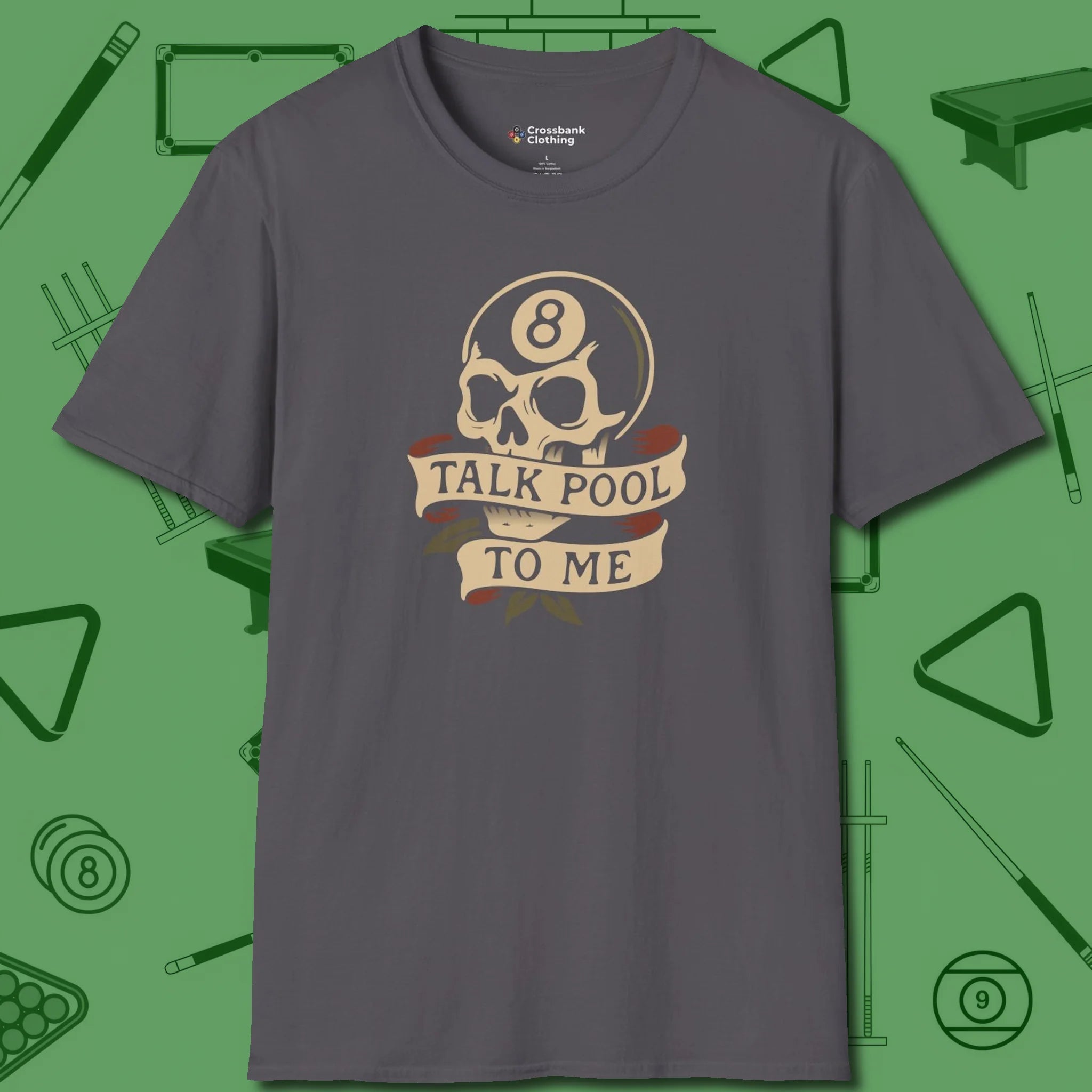 Talk To Me 8-Ball Skull T-Shirt, front view, in Charcoal tough like your favorite break cue