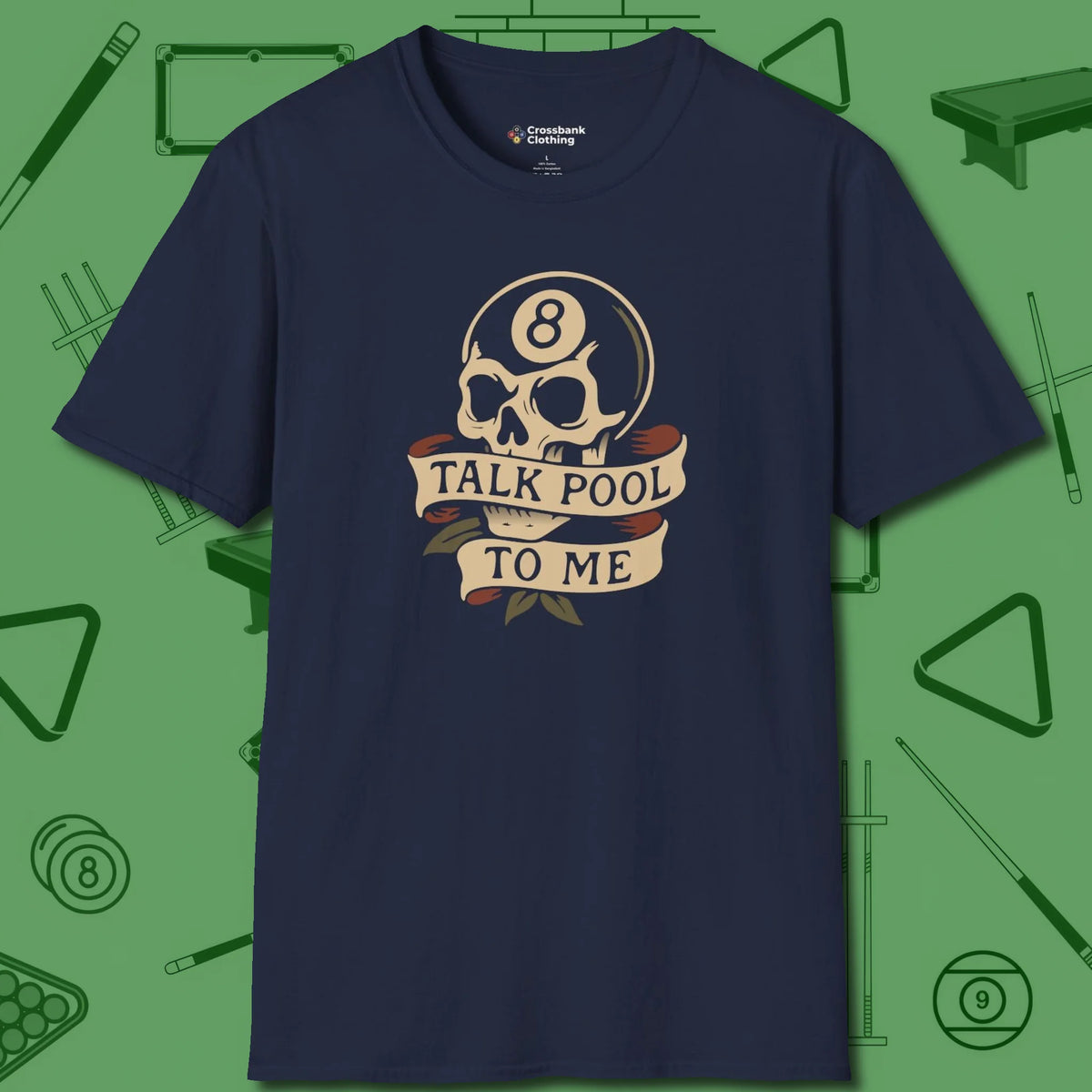 Talk Pool To Me 8-Ball Skull T-Shirt, front view, in Navy what the real shooters wear