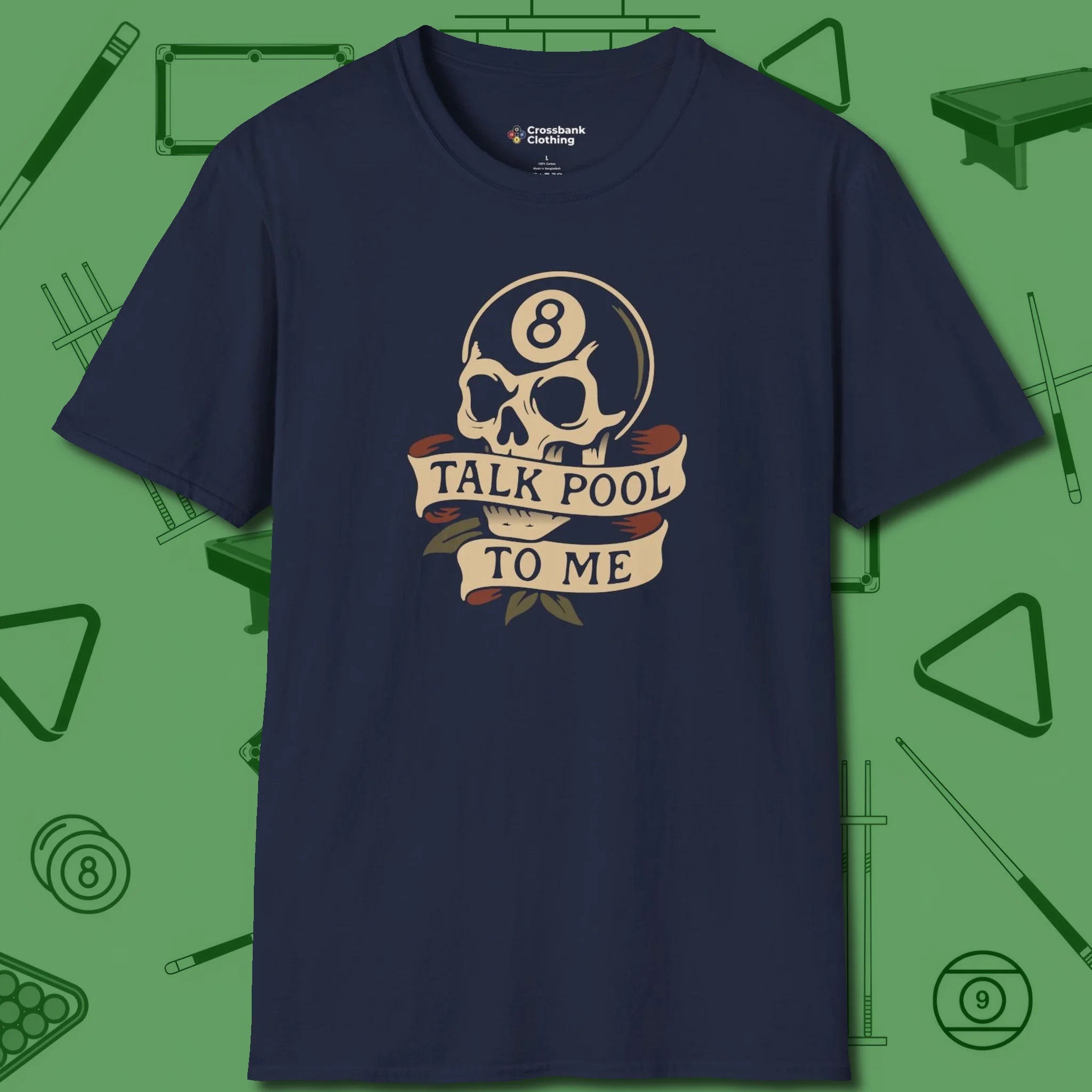 Talk Pool To Me 8-Ball Skull T-Shirt, front view, in Navy what the real shooters wear