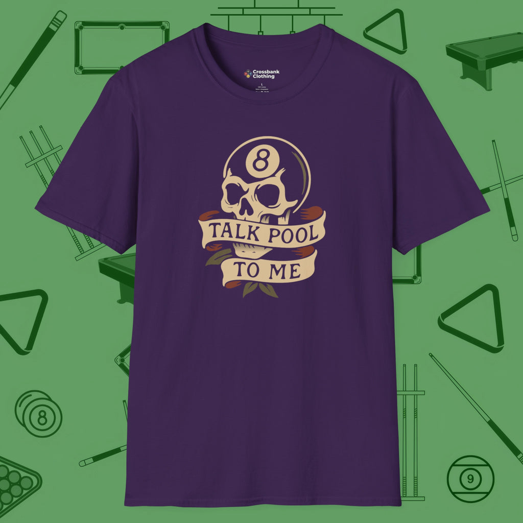 Talk Pool To Me 8-Ball Skull T-Shirt, front view, in Purple what the real shooters wear