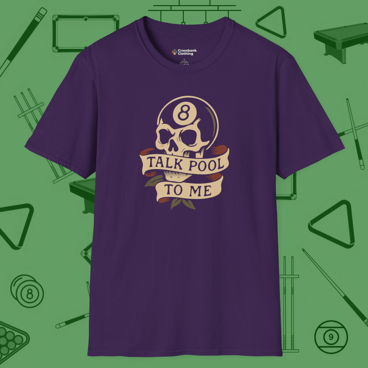 Talk Pool To Me 8-Ball Skull T-Shirt, front view, in Purple what the real shooters wear