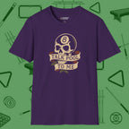 Talk Pool To Me 8-Ball Skull T-Shirt, front view, in Purple what the real shooters wear