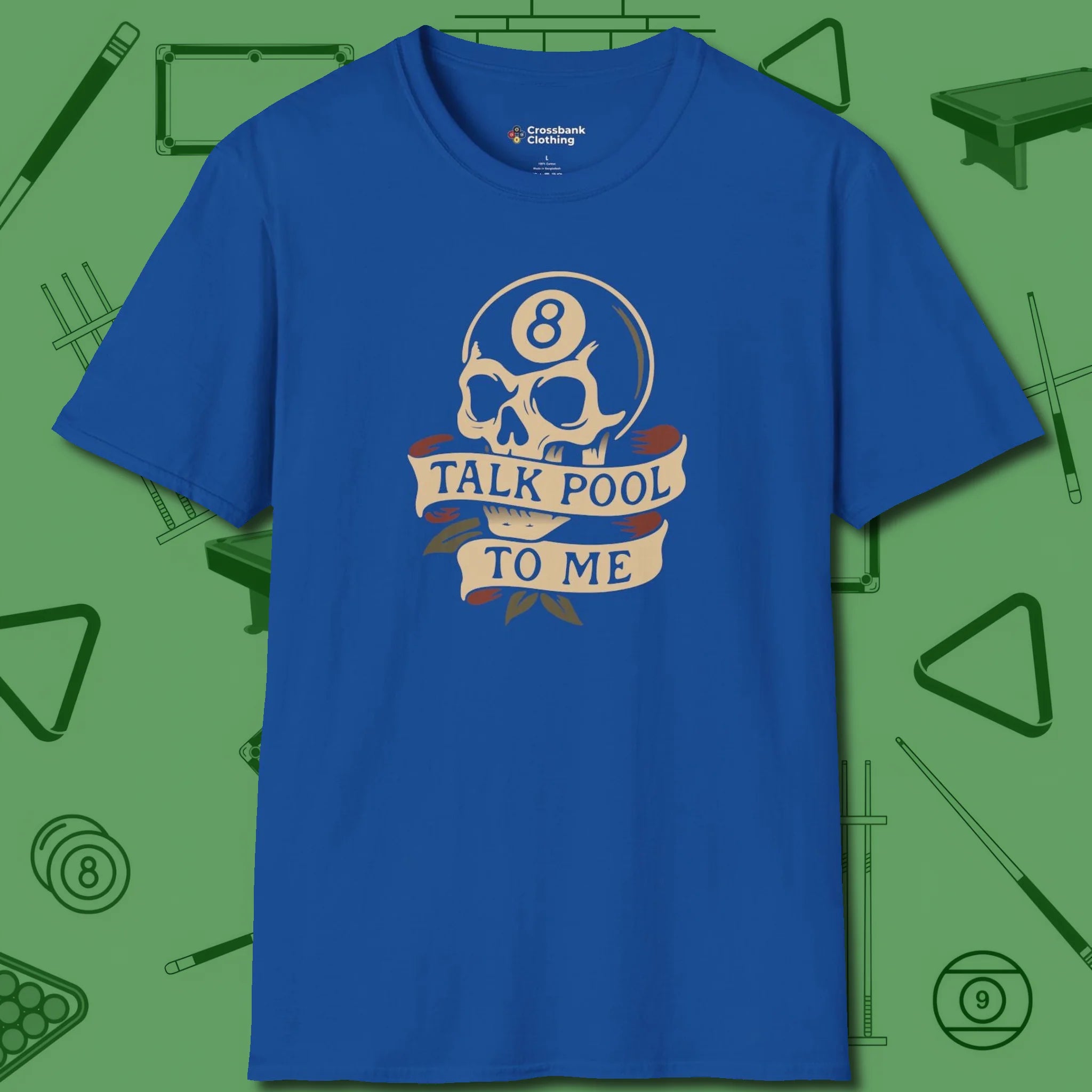 Talk To Me 8-Ball Skull T-Shirt, front view, in Royal classic cue style, no gimmicks