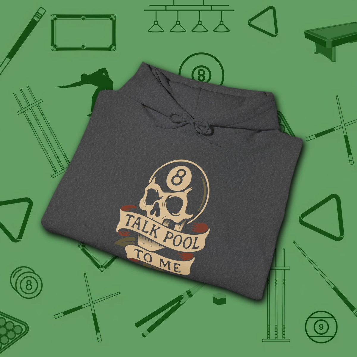 Talk Pool to Me Hoodie, in Dark Heather color, billiards hoodie, folded view