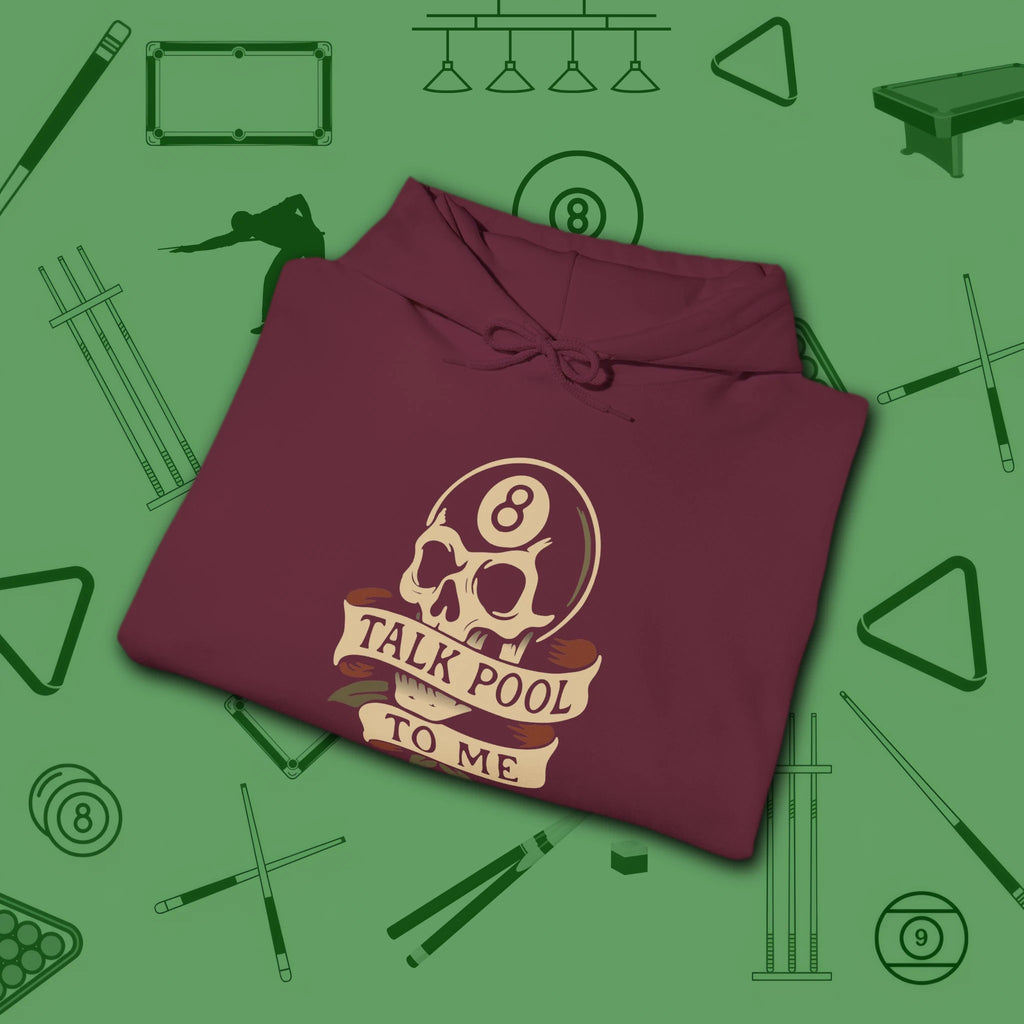 Talk Pool to Me Hoodie, in Maroon color, billiards hoodie, folded view