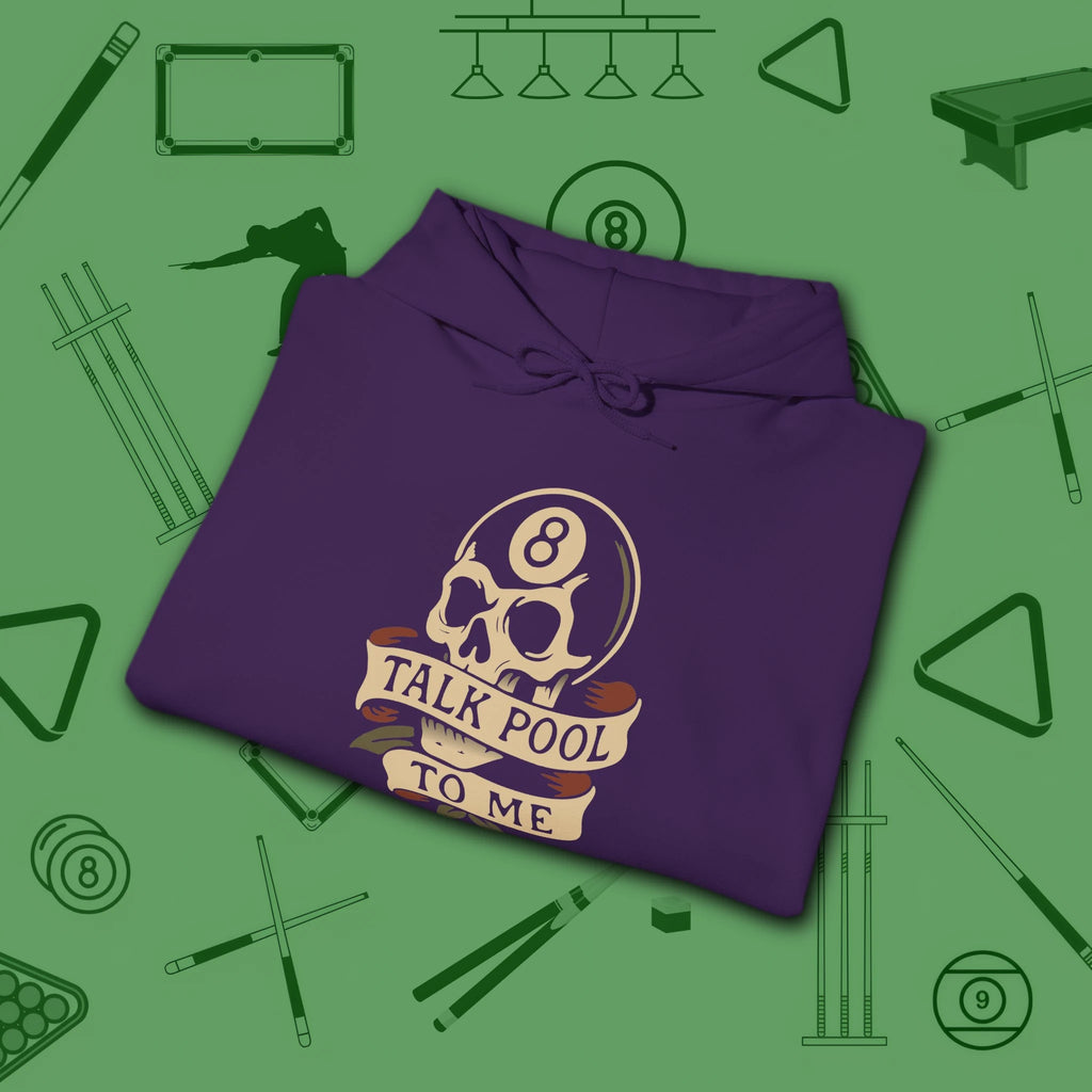 Talk Pool to Me Hoodie, in Purple color, billiards hoodie, folded view