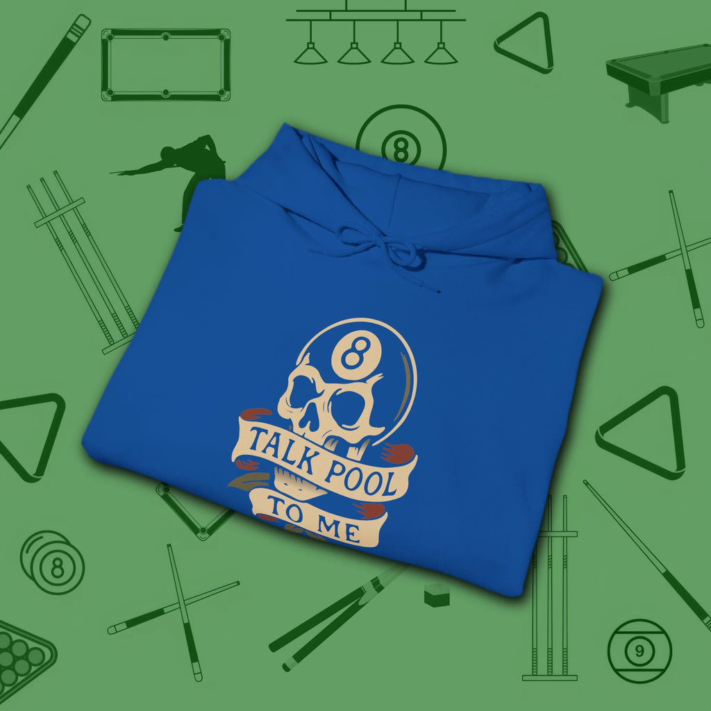 Talk Pool to Me Hoodie, in Royal color, billiards hoodie, folded view