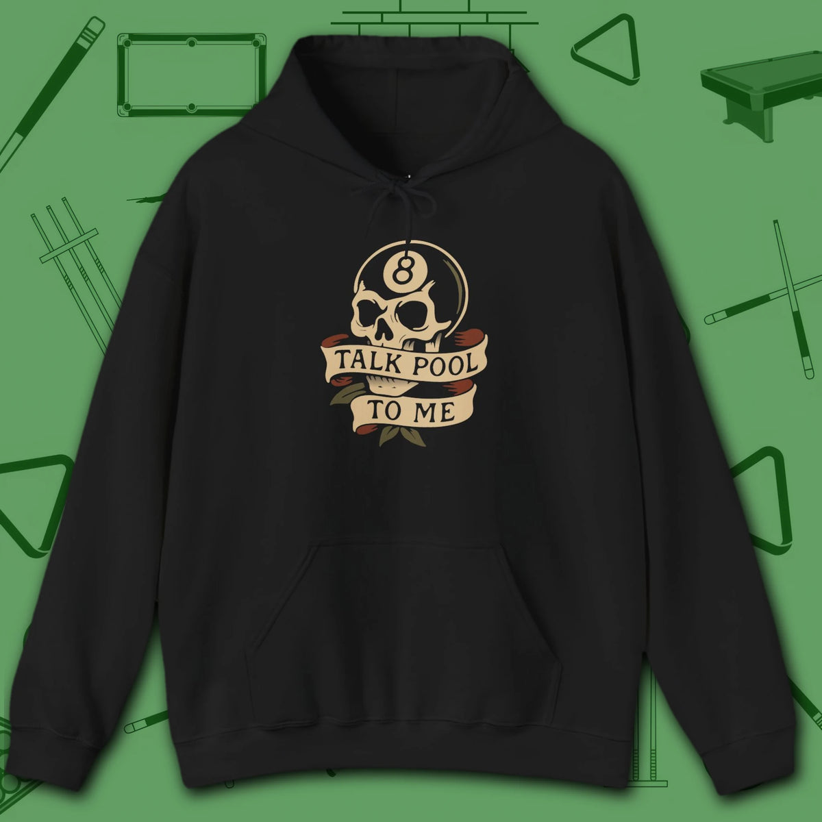 Talk Pool to Me Hoodie, in Black color, billiards hoodie, front view