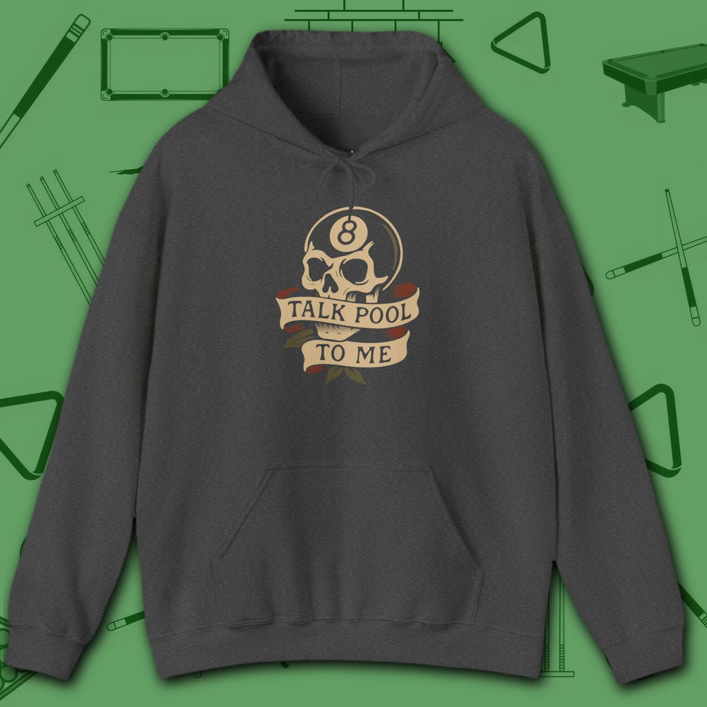 Talk Pool to Me Hoodie, in Dark Heather color, billiards hoodie, front view