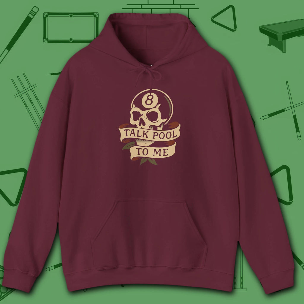 Talk Pool to Me Hoodie, in Maroon color, billiards hoodie, front view